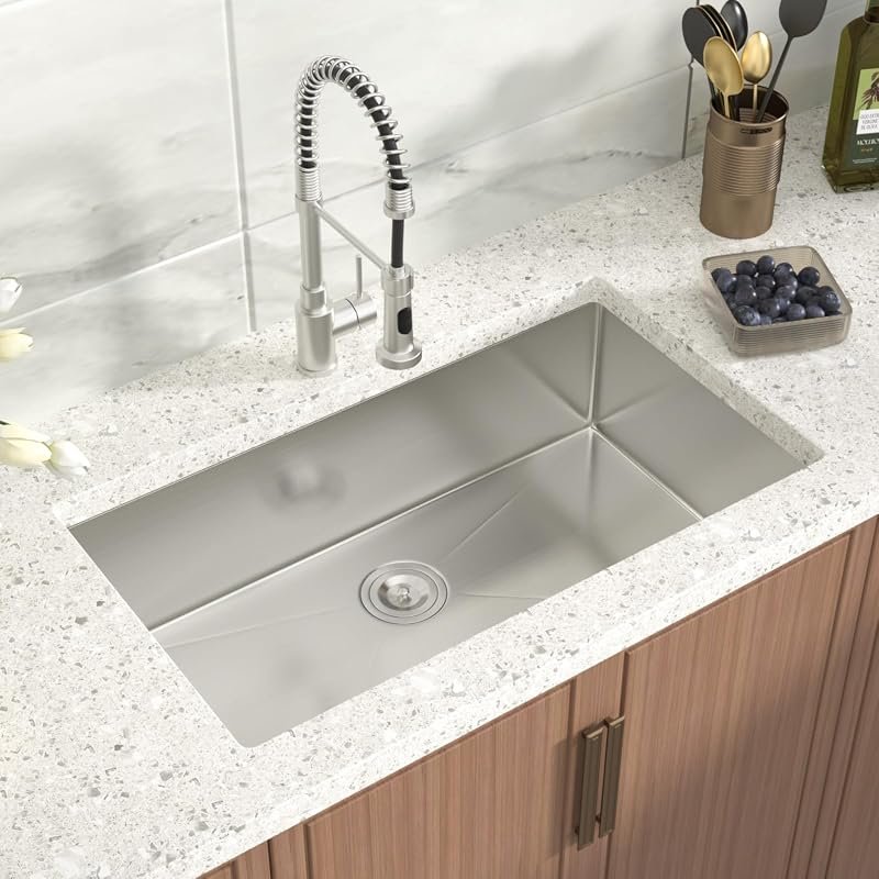 Undermount Kitchen Sink 33x19x9 Inch Deep Single Bowl, 18 Gauge Stainl