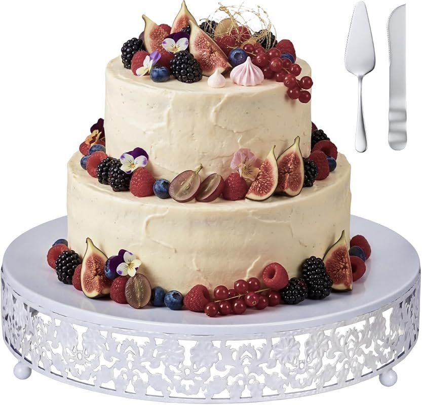 Wenqik 12-Inch White Metal Cake Stand Set with Cake Cutter and Flower