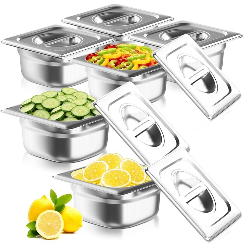 6 Pack 1/6 Size 4-Inch Deep Stainless Steel Hotel Pans with Lids Anti-