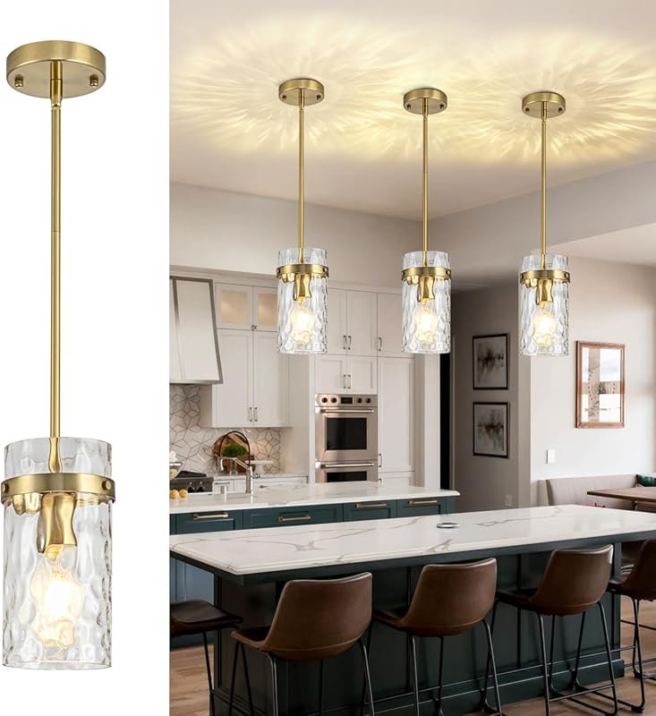 3-Pack Brushed Gold Kitchen Island Pendant Lights - Hammered Glass Han