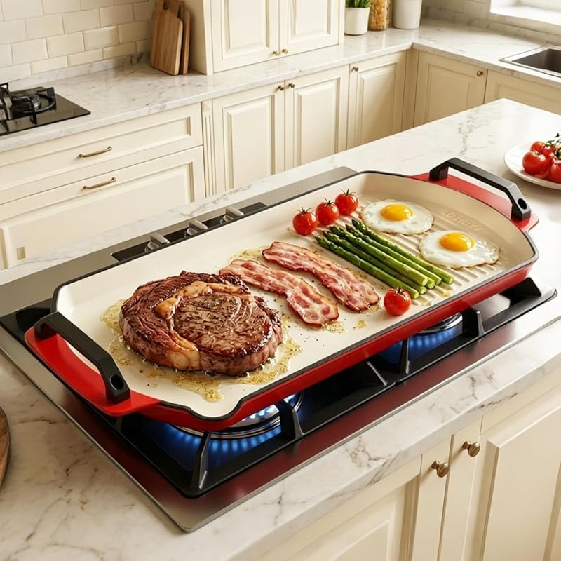 22.5x11 Inch Double Burner Enameled Cast Iron Griddle, 5mm Thick for G