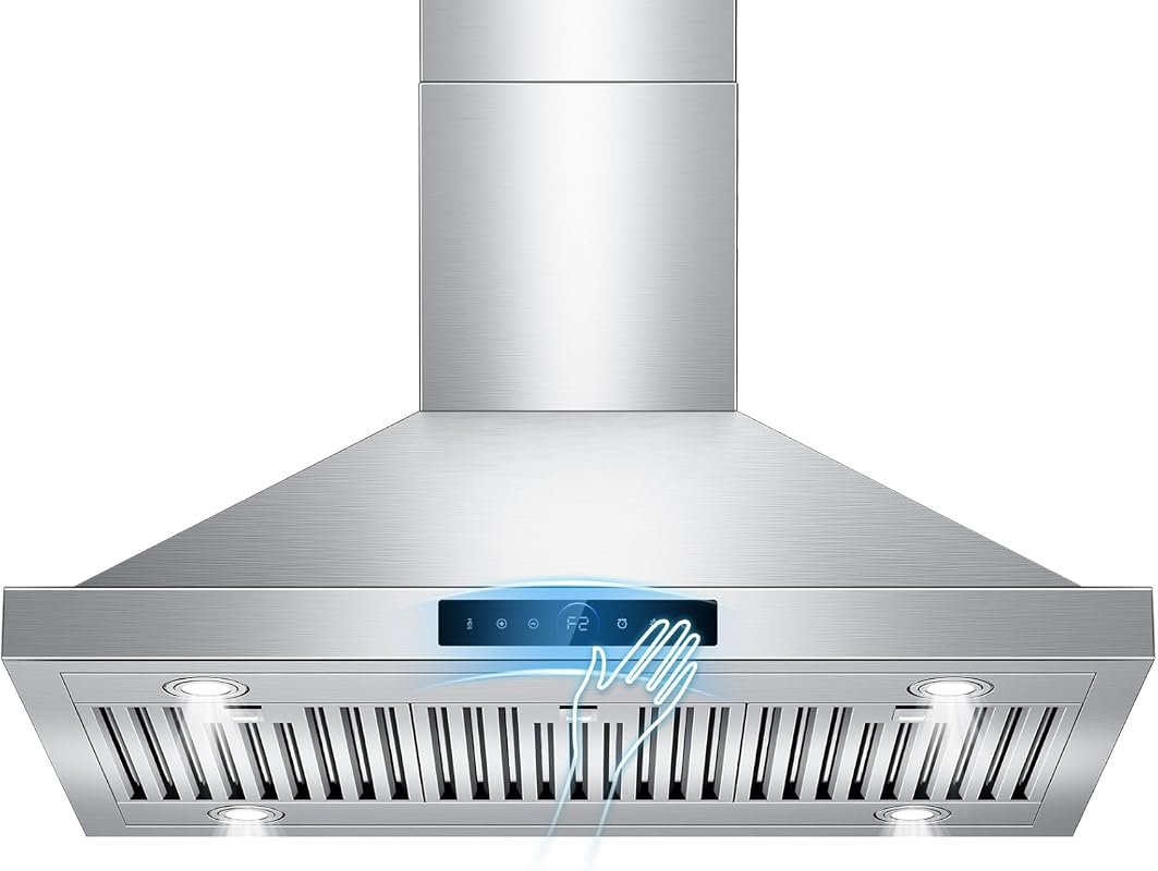 36 Inch Island Range Hood 1200 CFM 4-Speed Gesture Touch Control Ducte