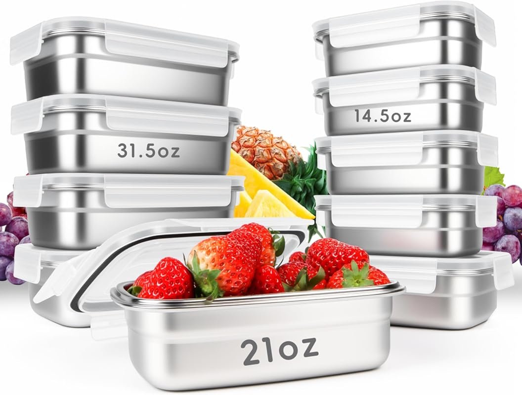 10-Pack 304 Stainless Steel Food Containers with Airtight Lids - Bento