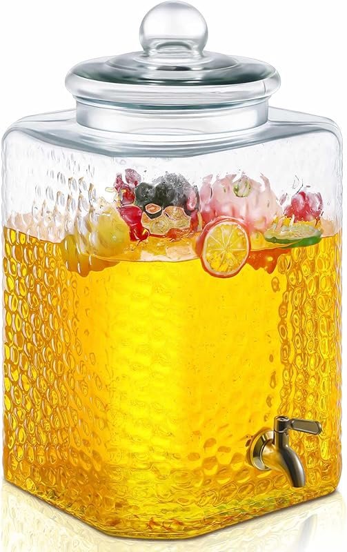 5 Gallon Glass Water Dispenser with Hammered Finish and Stainless Steel Spigot for Party, Iced Tea