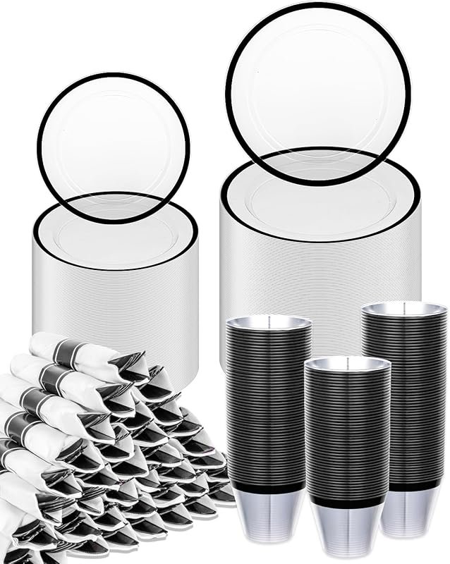 BESTVIP 700-Piece Clear Black Plastic Dinnerware Set for 100 Guests –