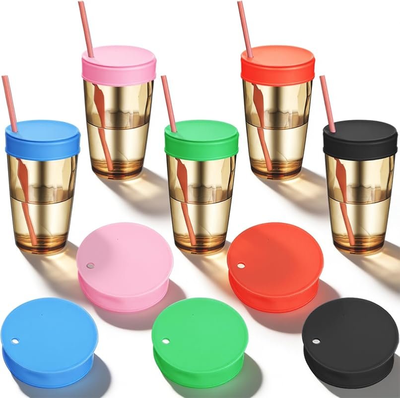 5Pcs Silicone Cup Lids with Straw Hole, Reusable Drink Protection Cove