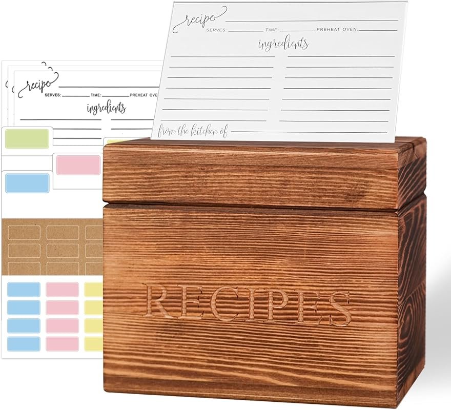 MOBYKE Pine Wood Recipe Box 4x6 with 50 Cards and 12 Dividers, Counter
