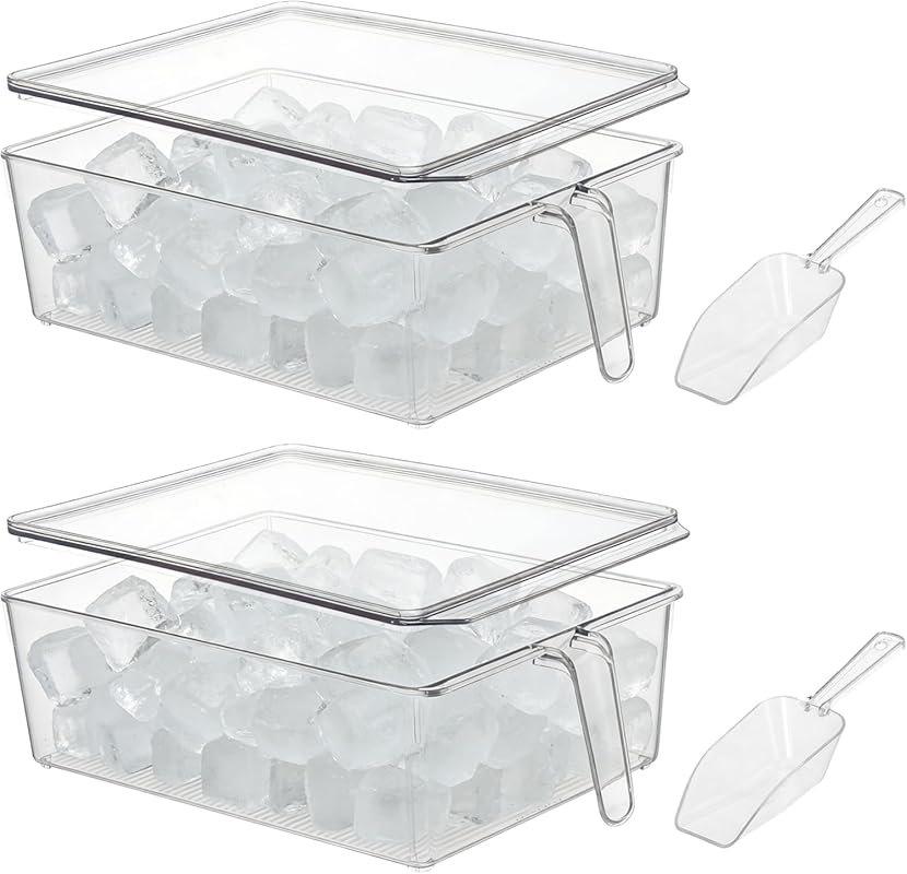 2-Pack Ice Bins for Freezer with Lid and Pull-Out Handle