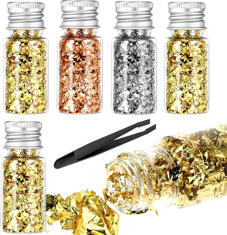 Grevosea 5-Piece Gold Foil Flakes Set with Tweezer for Resin Nail Art 