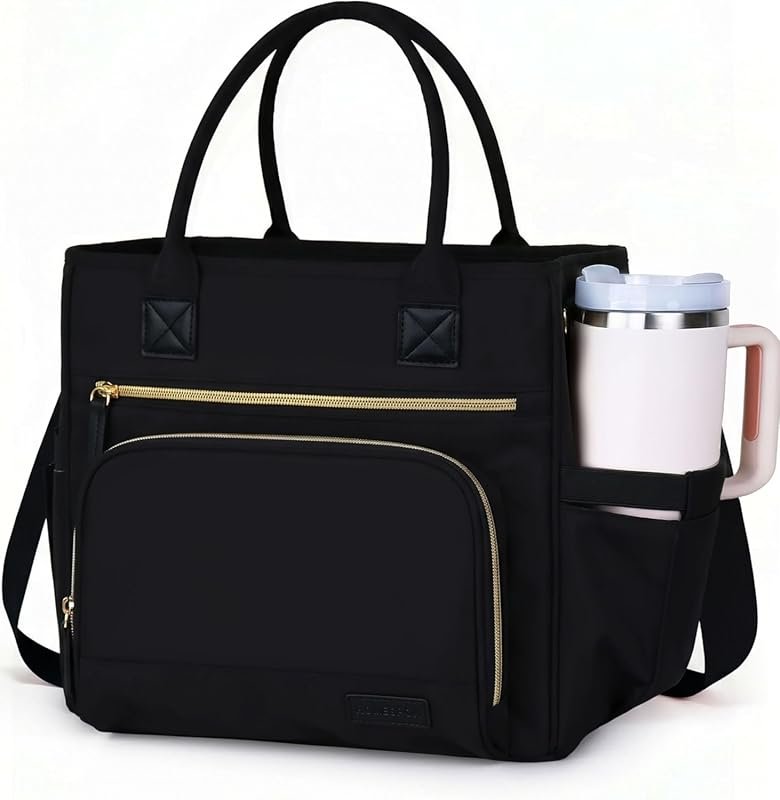 HOMESPON Insulated Lunch Bag for Women – Wide Opening Adult Lunch Box, Large Leakproof Cooler with Adjustable Strap and Cup Holder, Black