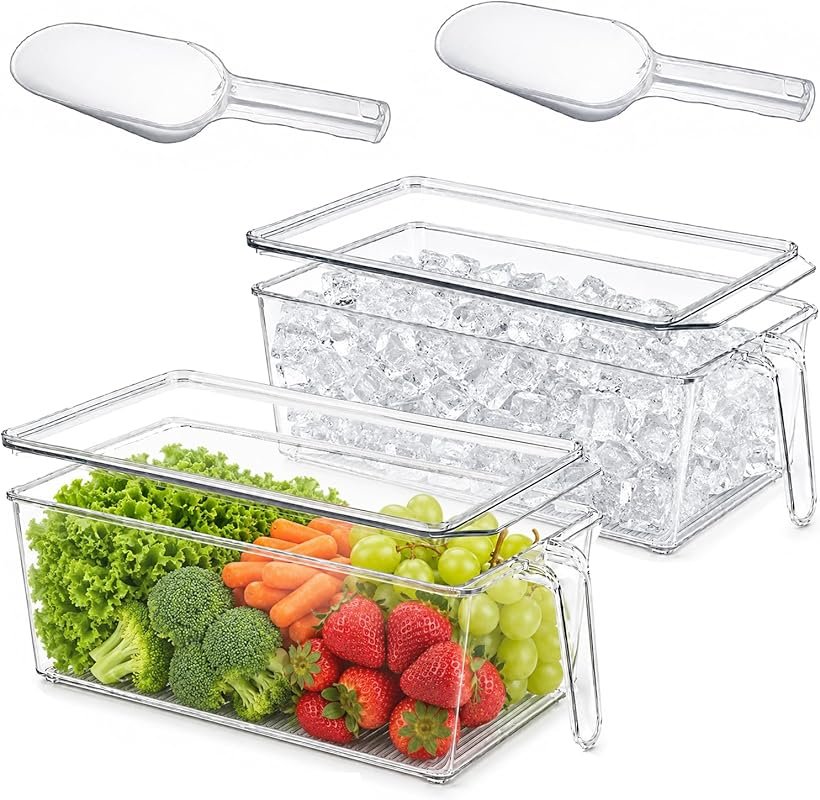 2-Pack Ice Storage Bins for Freezer with Lid and Pull-Out Handle