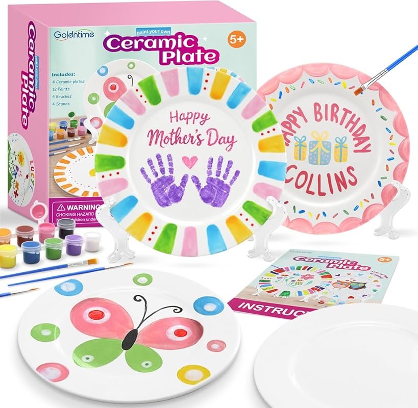 Goldentime Ceramic Painting Kit for Kids & Adults – 4 Plates, 12 Paint