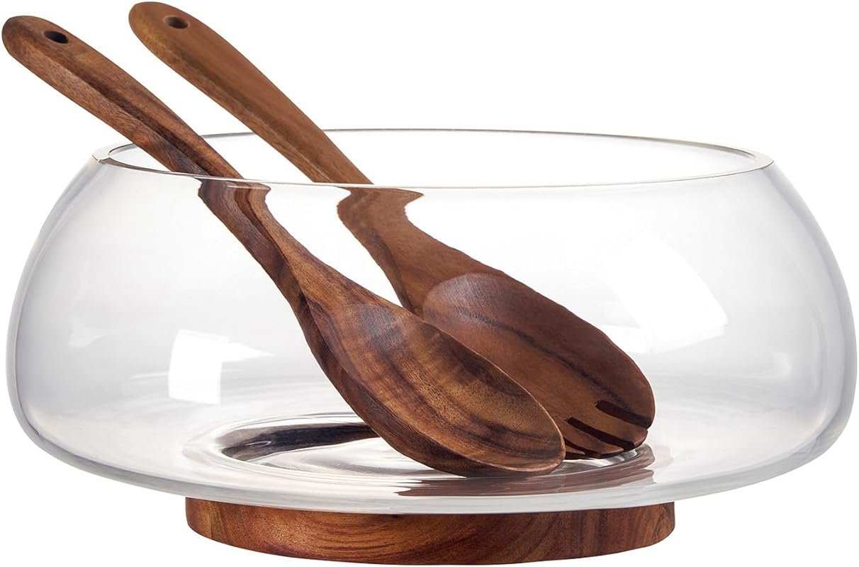 Large Glass Salad Bowl Set 4.5 Quart with Acacia Wood Base