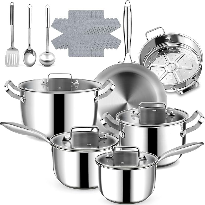 20-Piece Stainless Steel Cookware Set with 3-Ply Frying Pan, Induction