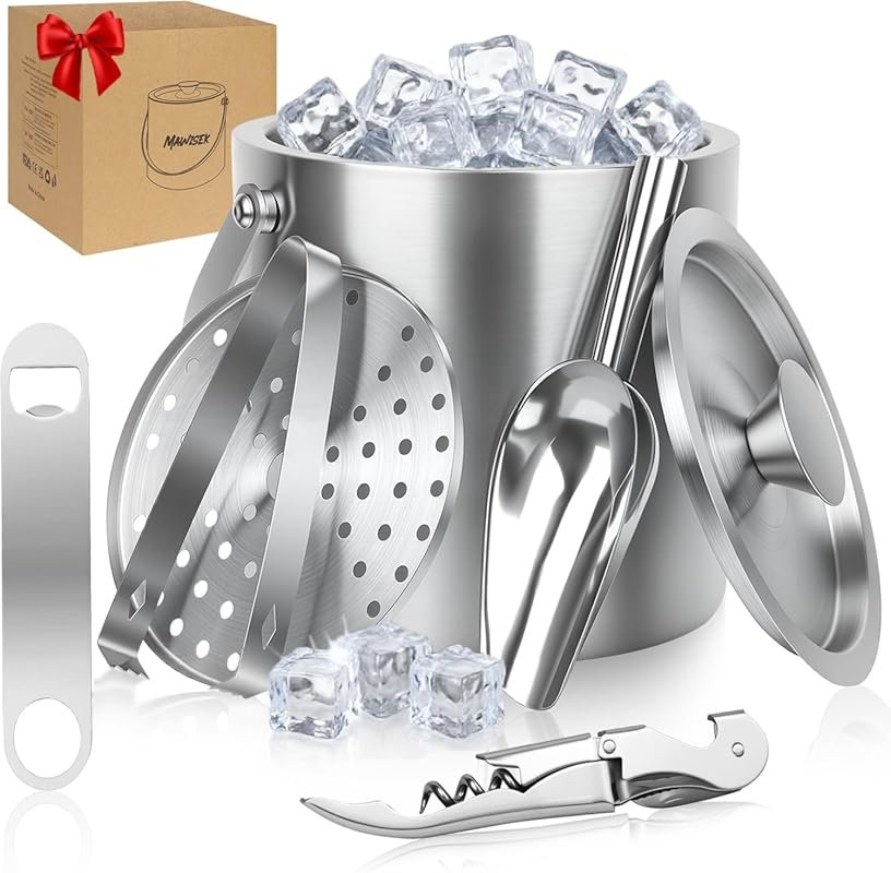 3L 101oz 6-Piece Stainless Steel Ice Bucket with Lid Scoop Tongs Beer 