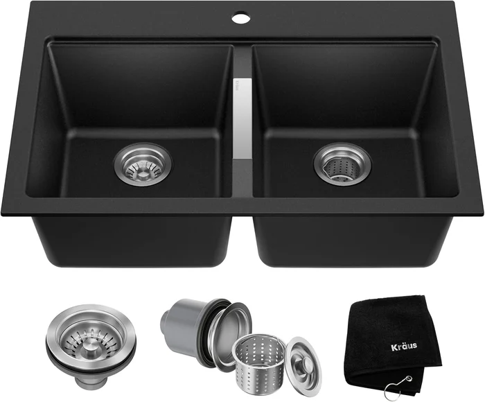 Kraus Black Onyx 33-Inch Double Bowl Granite Kitchen Sink with Durable