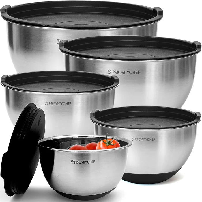 Priority Chef Premium Mixing Bowls with Lids Set 5 Nesting Steel Bowls