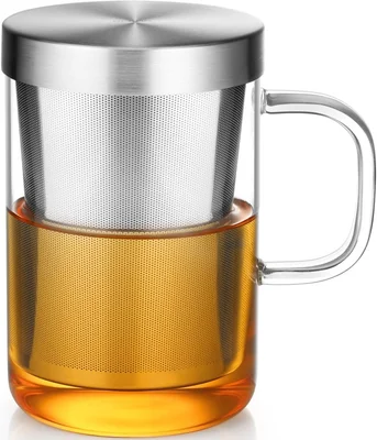 ecooe 16.9oz Glass Tea Cup with Infuser and Lid 430ml Use Capacity, Cl
