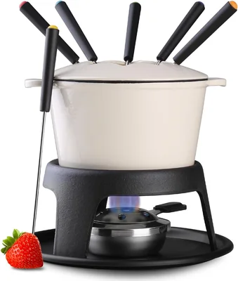 Artestia Cast Iron Fondue Pot Set for Chocolate Cheese Melting and Serv