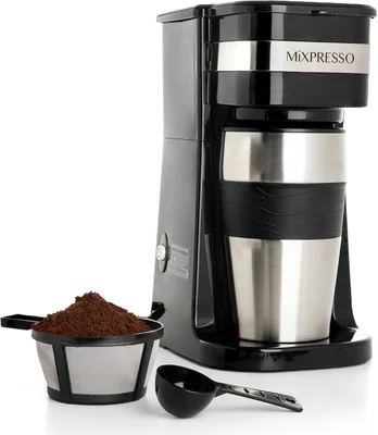 Mixpresso Single Serve Coffee Maker with 14oz Travel Mug for On-the-Go Brewing Black