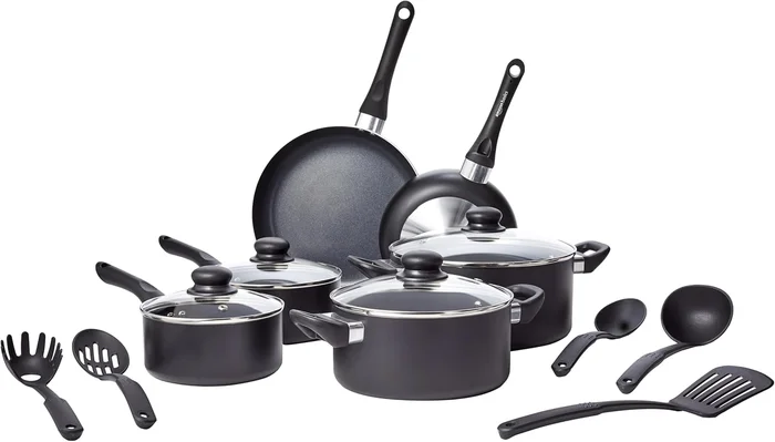 Amazon Basics 15-Piece Non-Stick Kitchen Cookware Set with Stay-Cool H