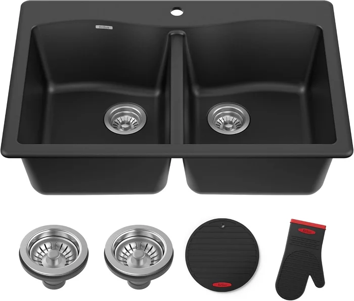 Kraus Black 33-Inch Double Bowl Drop-In Granite Kitchen Sink with Prem