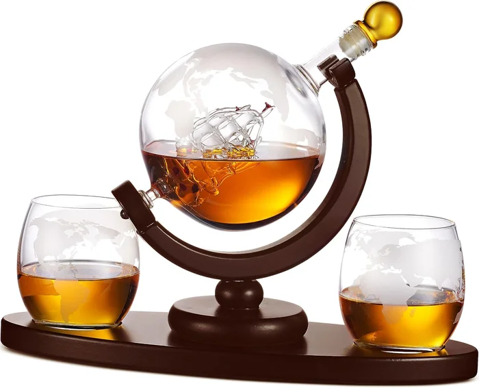 Whiskey Decanter Globe Set with 2 Etched Whiskey Glasses for Liquor Sc