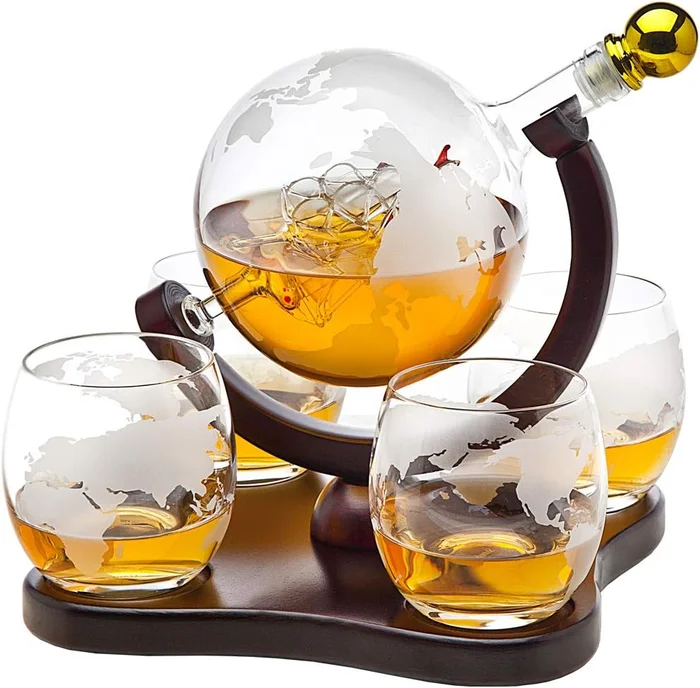 Godinger Whiskey Decanter Globe Set with 4 Etched Glasses for Liquor S