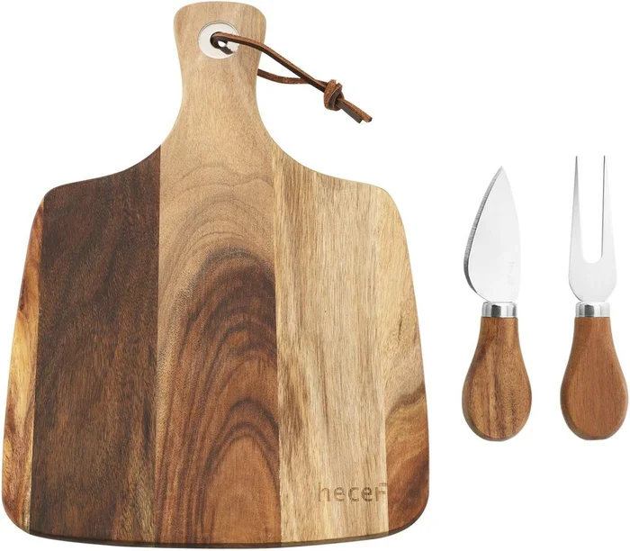 hecef Cheese Board Set of 3 Acacia Wood Cheese Plate Knife Fork and Sl