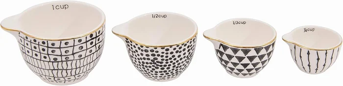 Creative Co-Op Black White Stoneware Measuring Cups with Gold Electrop