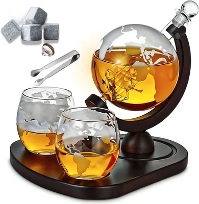 Whiskey Decanter Globe Set with 2 Etched Globe Whisky Glasses Liquor D
