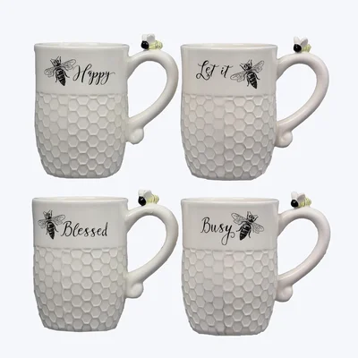 Young's Inc Ceramic Bee Coffee Mug Set of 4 16 oz Honeycomb Texture Cu