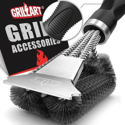 GRILLART Grill Brush with 18-Inch Extra-Strong Handle and Built-In Scr