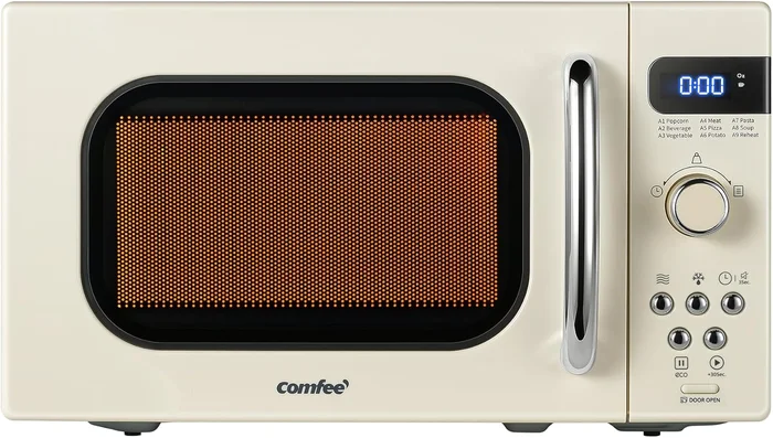 COMFEE' Retro Microwave Oven 0.7 Cu Ft 700W Cream with 9 Preset Menus 