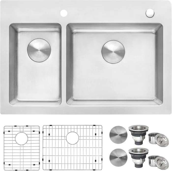Ruvati 33x22-Inch 16-Gauge 30/70 Drop-In Double Bowl Kitchen Sink with