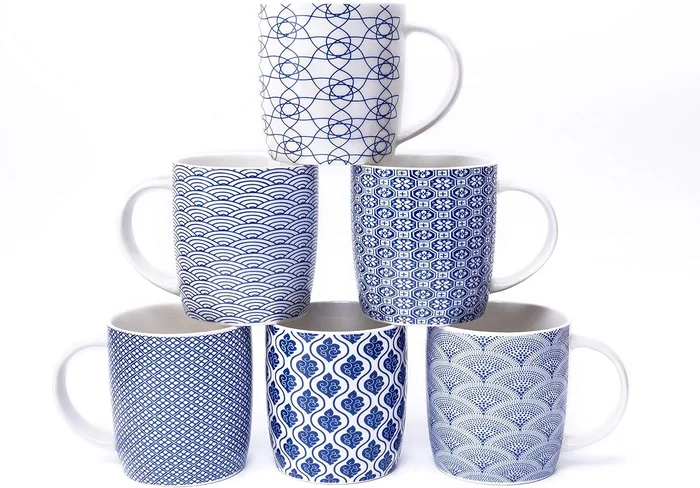 Set of 6 11.5 oz Coffee Mugs with Blue and White Geometric Patterns, C