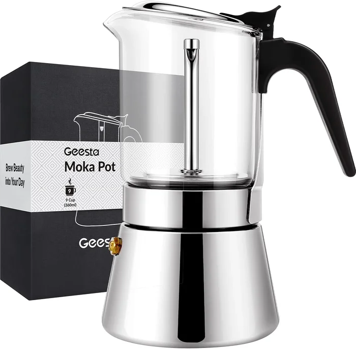 Geesta Premium Crystal Glass-Top Stovetop Espresso Moka Pot 9 Cups 360