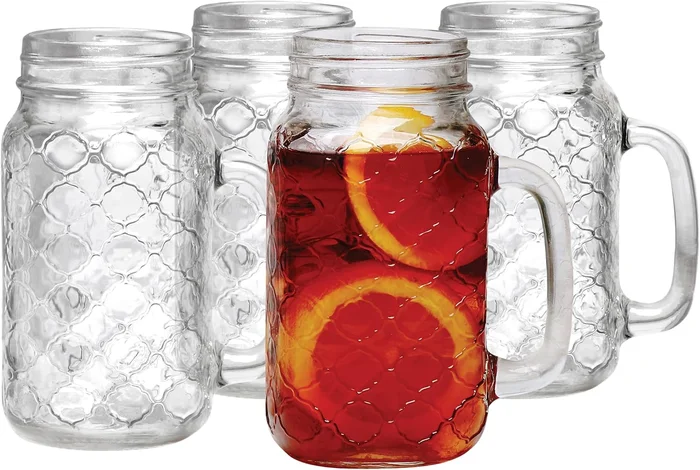 Sets of 4 Mason Jar 24oz Mugs with Glass Handles for Kitchen and Outdo