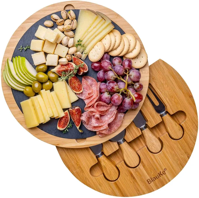 BlauKe Bamboo Cheese Board with Knife Set and Slate 12 Inch Round Char
