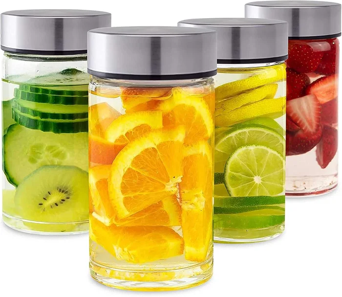 Juice Bottles 4 Pack Wide Mouth Glass Bottles with Stainless Steel Lid