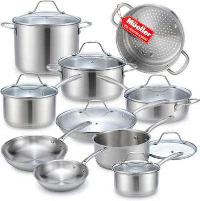 Mueller 17-Piece Stainless Steel Pots and Pans Set, Tri-Ply Ultra-Clad
