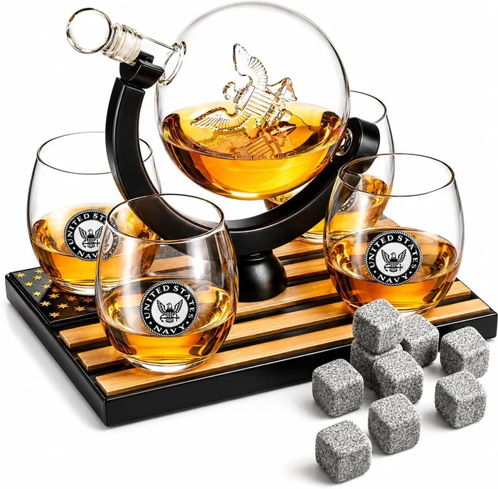 U.S. Navy Globe Whiskey Decanter Set with 4 Liquor Glasses Veteran Gif