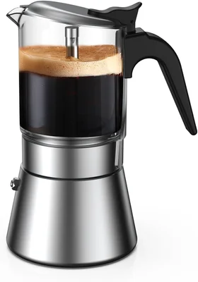 SIXAQUAE 6 Cup 240ml Crystal Glass-Top Stainless Steel Moka Induction 