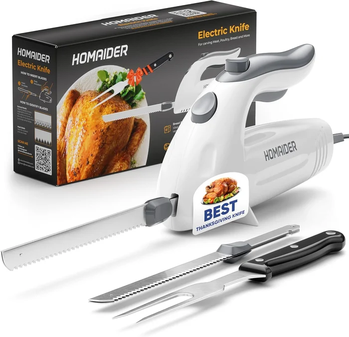 Homaider Electric Knife for Meat Slicing with Ergonomic Handle and Two