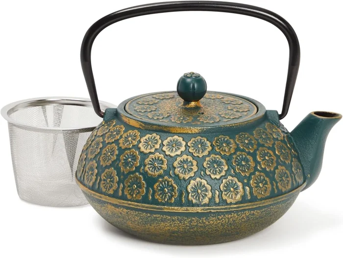 Juvale 34oz Cast Iron Tea Kettle with Infuser, Sage Green Floral Japan
