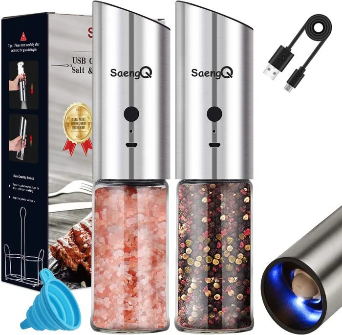 USB Rechargeable Gravity Electric Salt and Pepper Grinder Set with LED