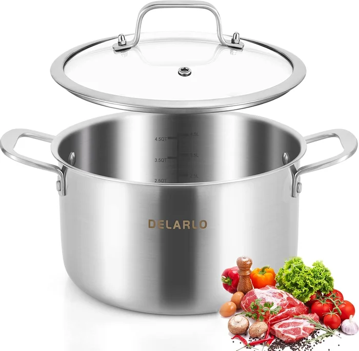 DELARLO Tri-ply Stainless Steel 5 Quart Heavy Duty Induction Stock Pot