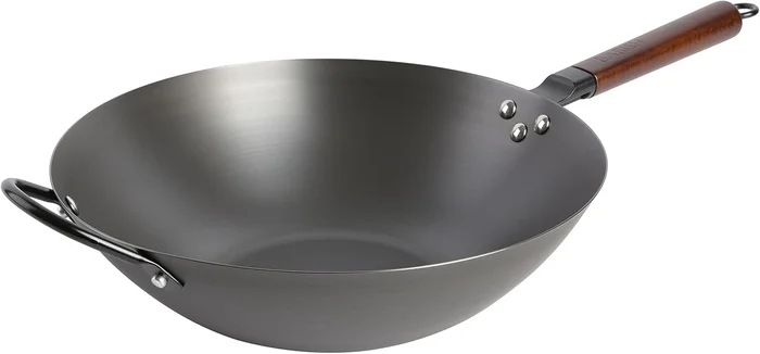 Babish 14 Inch Carbon Steel Wok Pan with Flat Bottom for Stir Fry and 