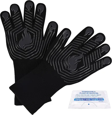 BBQ Gloves 1472°F Heat Resistant Fireproof Silicone Oven Mitts Black f