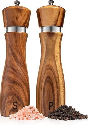 Gennua Kitchen 8 Inch Solid Acacia Wood Salt and Pepper Grinder Set wi